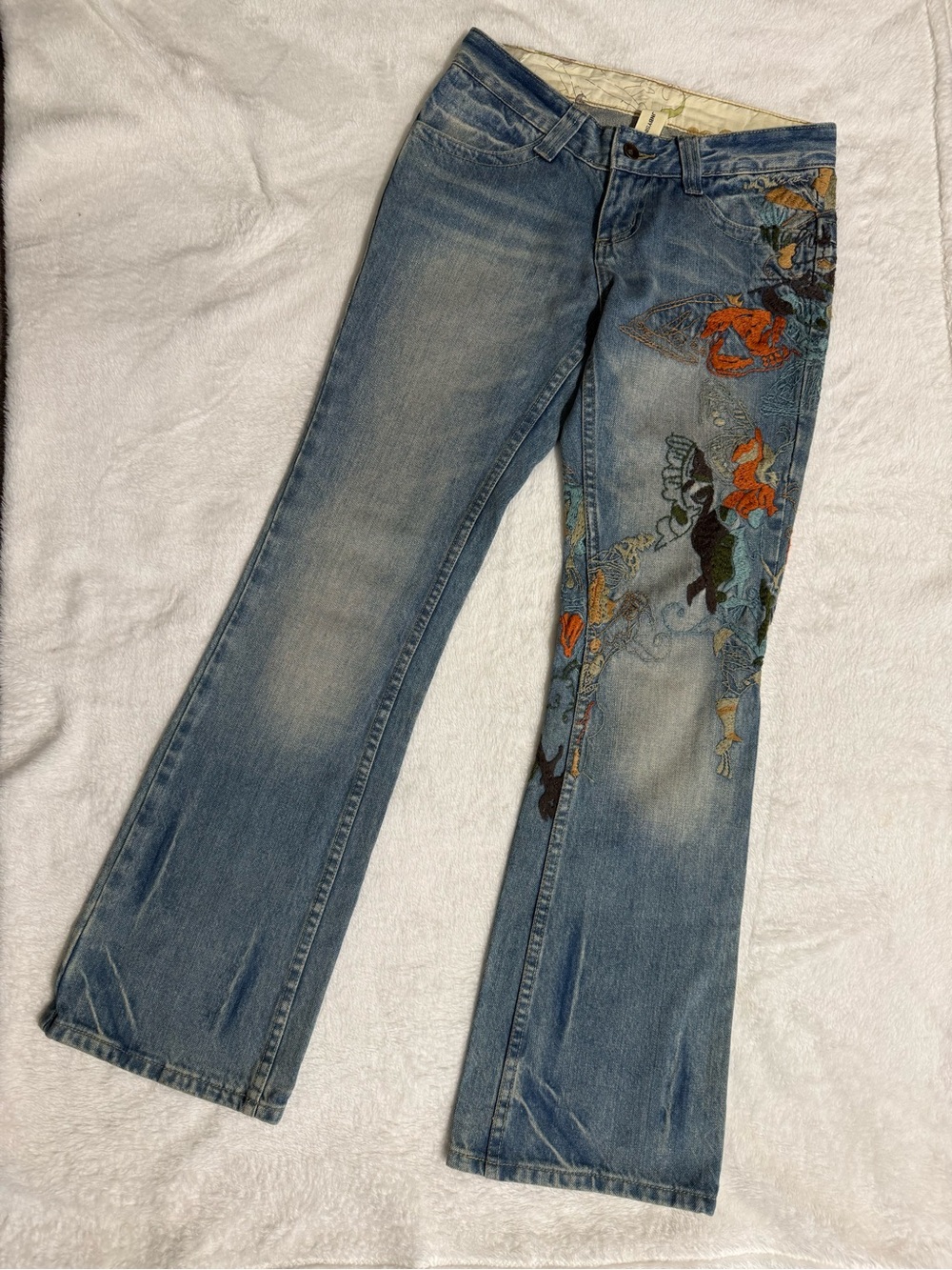JNBY Floral Embroidered Jeans Flare Leg Blue Denim 100% Cotton Size 28